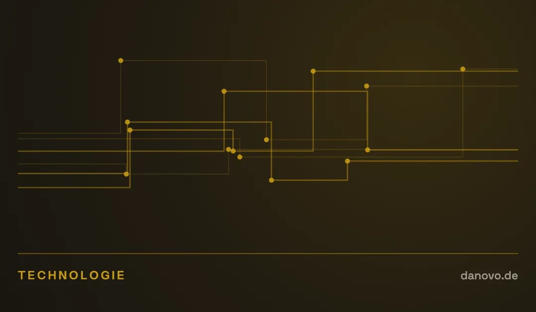 Abstrakte Grafik in Dunkelbraun und Gold im DaNovo-Design, Symbolbild zum Thema Technologiestrategie im Handel