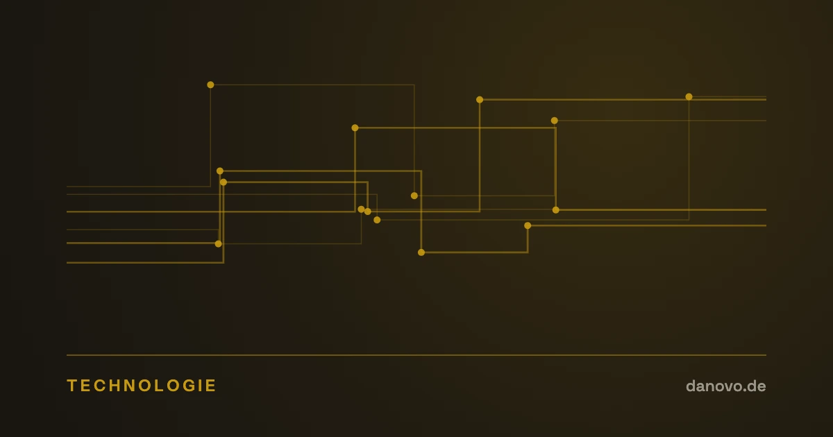 Abstrakte Grafik in Dunkelbraun und Gold im DaNovo-Design, Symbolbild zum Thema Technologiestrategie im Handel